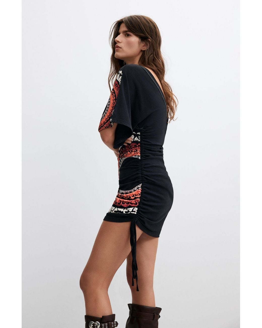 Desigual Black Vintage Ruched Short Dress, Cotton