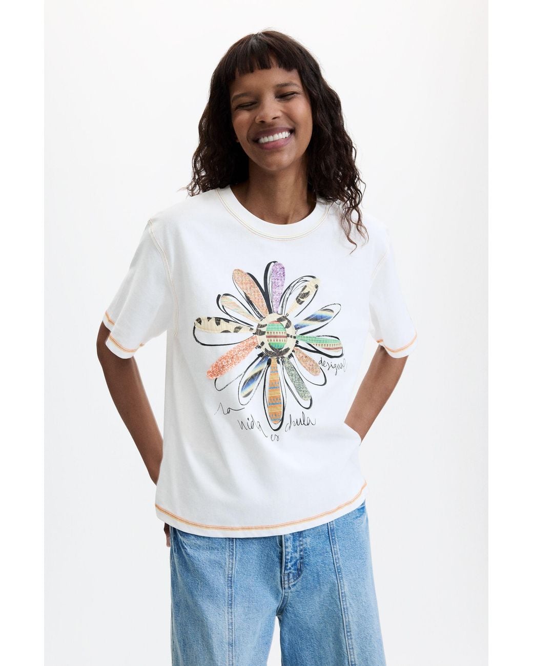 Desigual White Floral Print T-Shirt 100% Cotton, Cotton