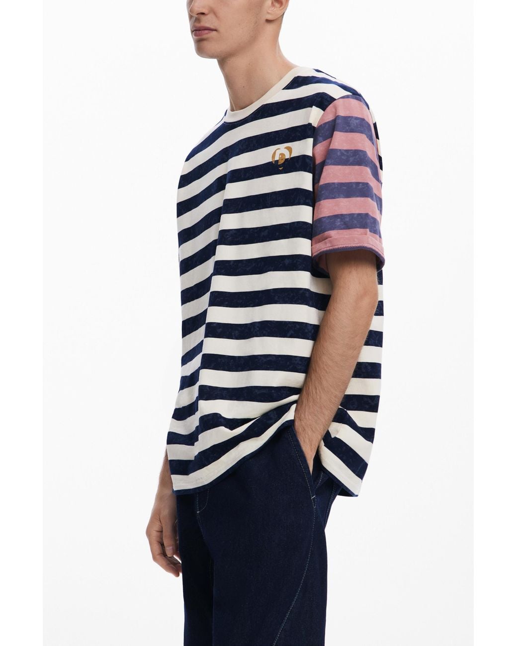 Desigual Blue Striped T-Shirt With Logo, Cotton for men