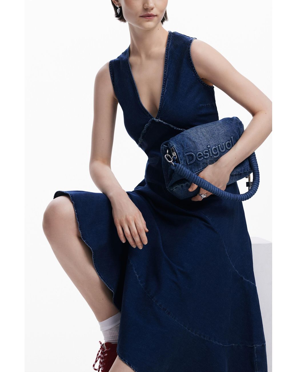 Desigual Blue Asymmetric Denim Midi Dress, Cotton