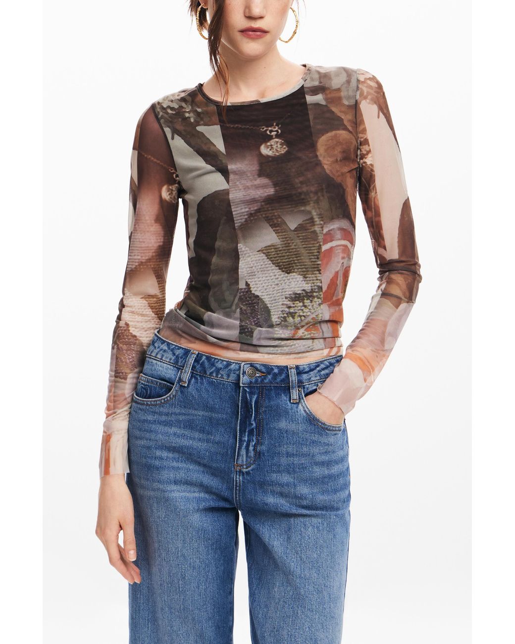 Desigual Blue Floral Print T-Shirt, Polyester