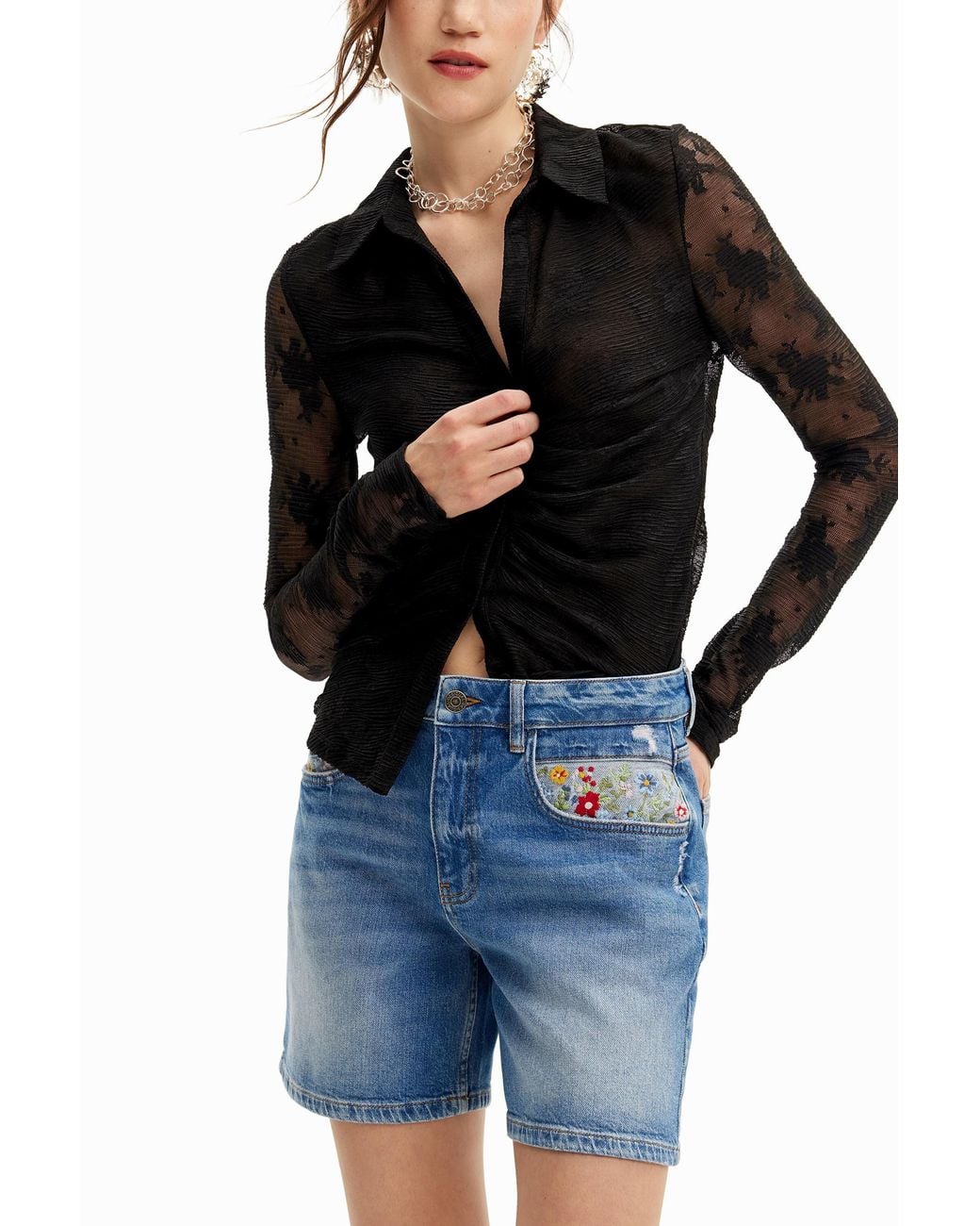 Desigual Blue Embroidered Denim Shorts, Cotton