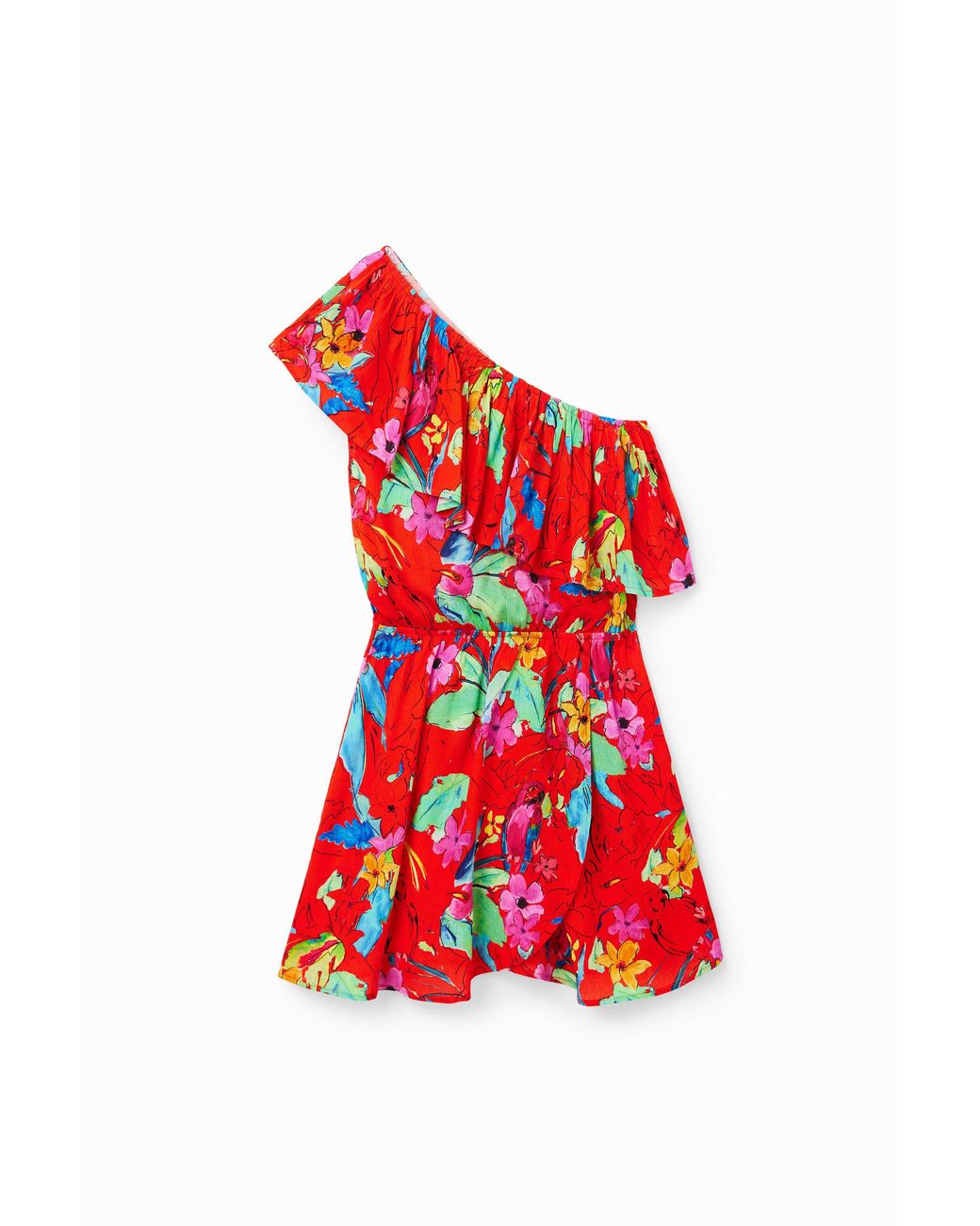 Desigual Red Tropical Asymmetric Short Dress, Viscose