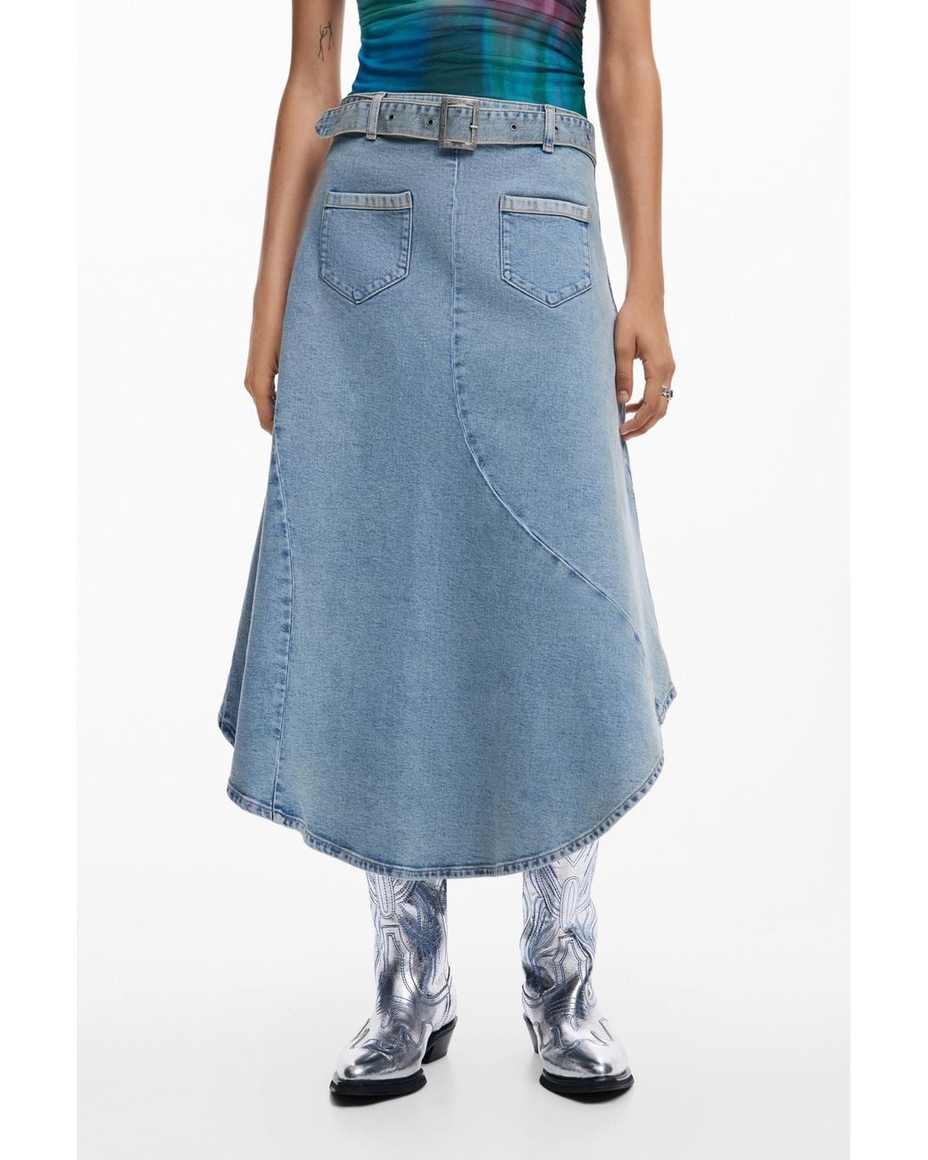 Desigual Blue Asymmetric Denim Skirt, Cotton