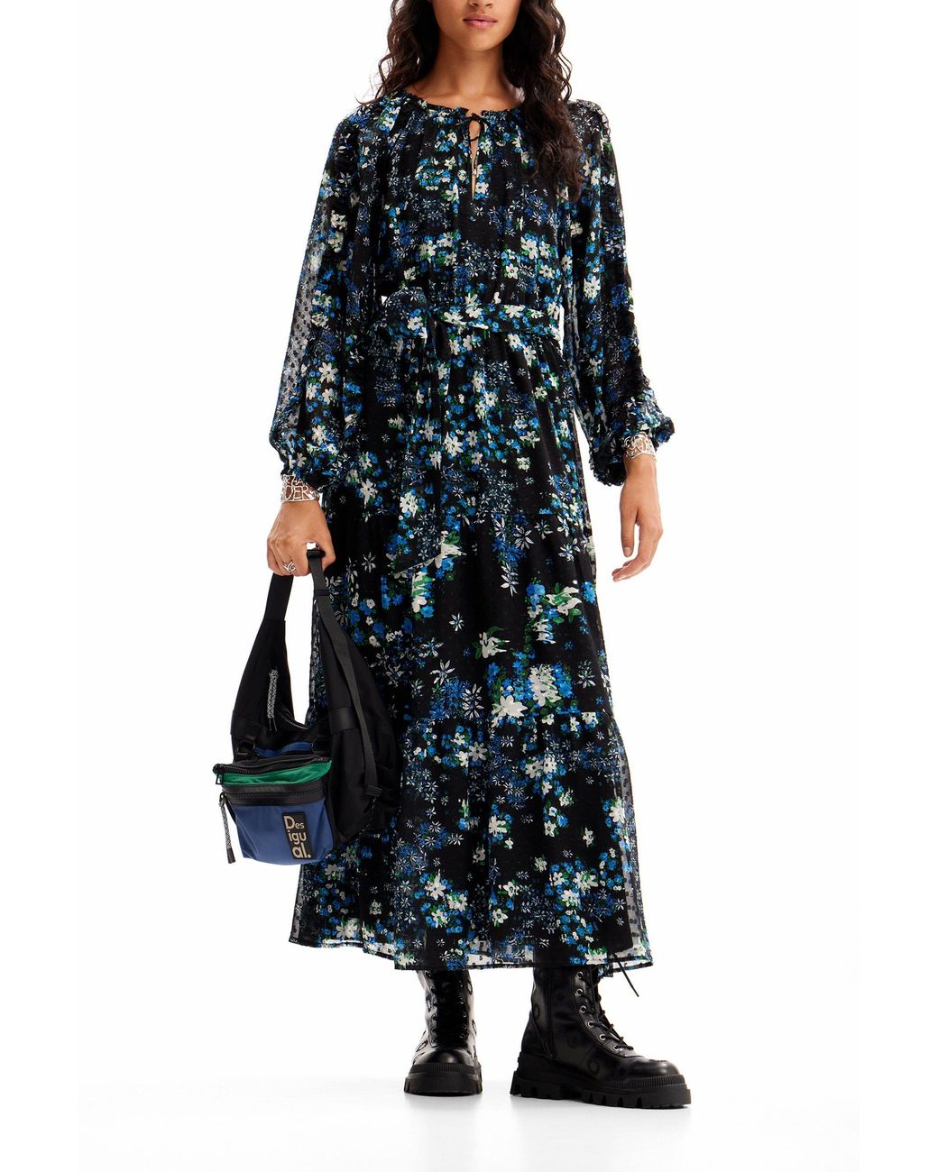Desigual Black Floral Plumetis Midi Dress, Polyester