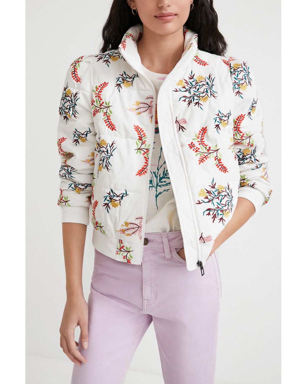 Desigual White Floral Quilted Jacket, Cotton