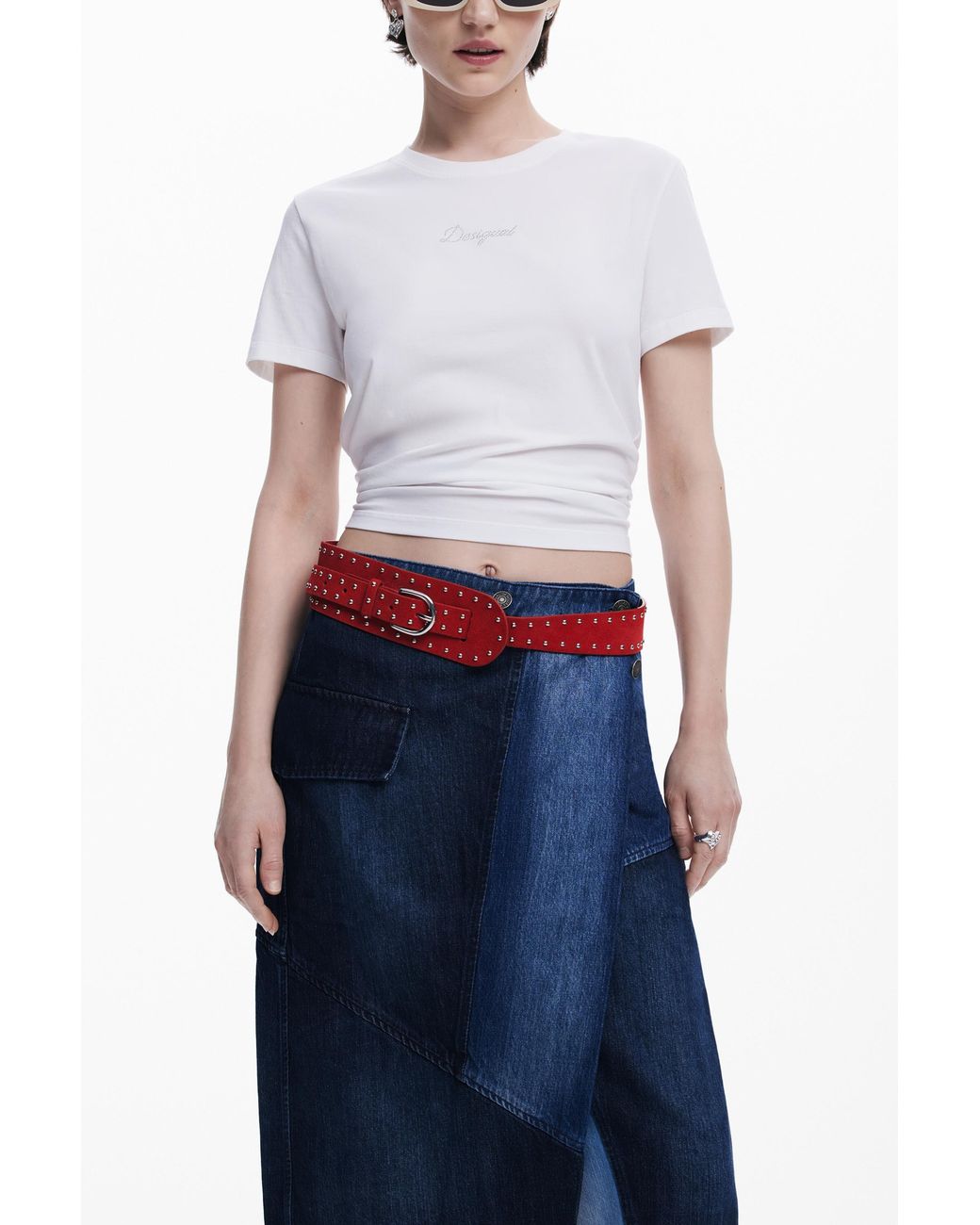 Desigual Blue Crossed Denim Midi Skirt, Cotton