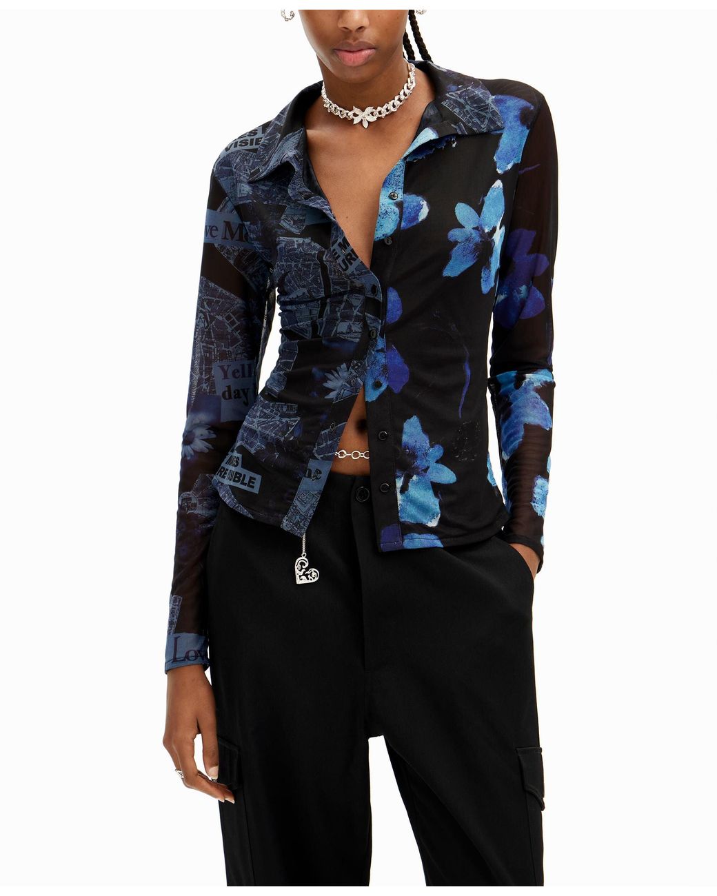 Desigual Blue Tulle Arty Patchwork T-Shirt, Polyester