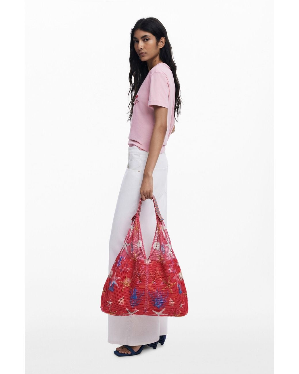 Desigual Red Medium Star Texture Tote Bag, Polyester