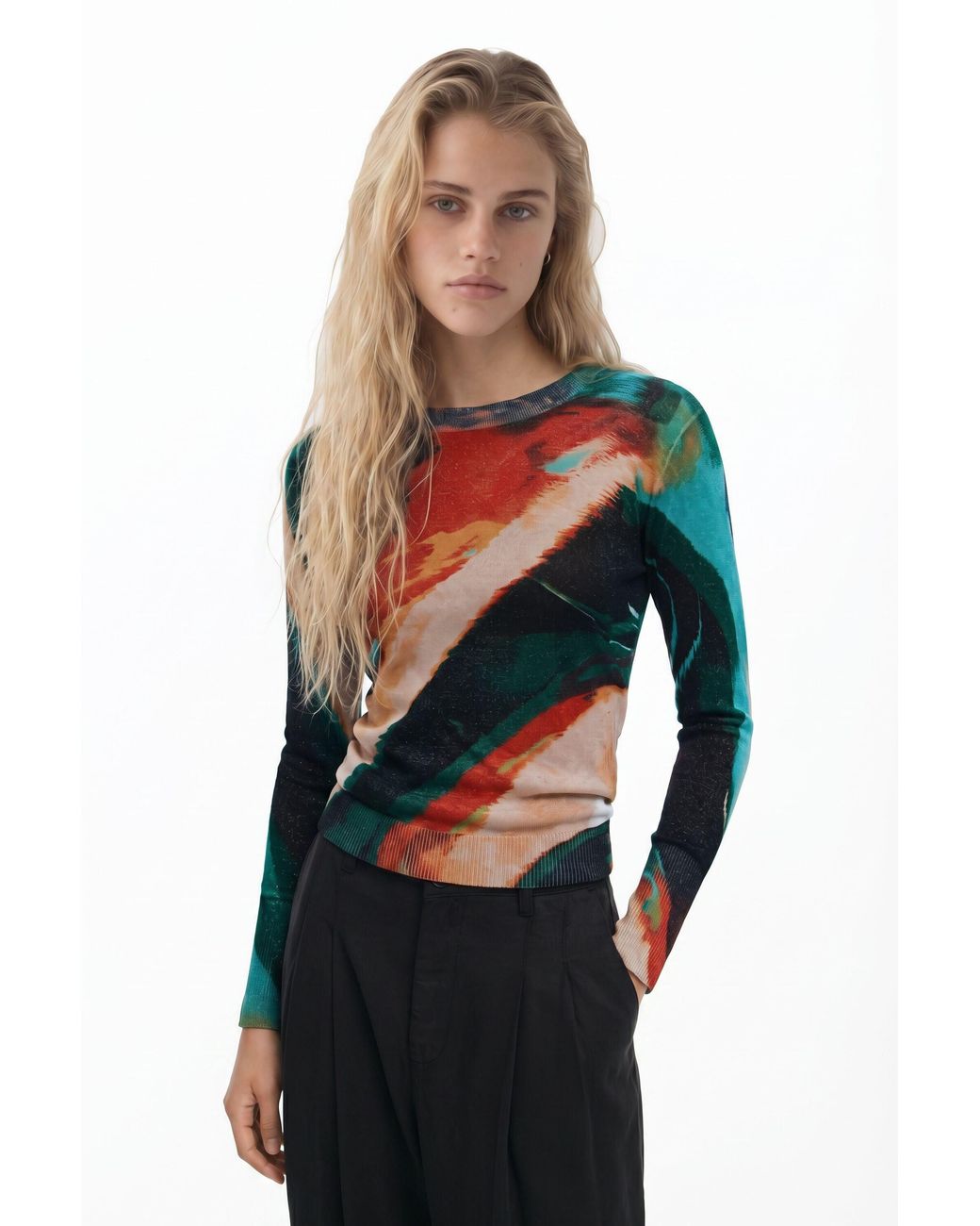 Desigual Green Fine Knit Arty Faded Sweater