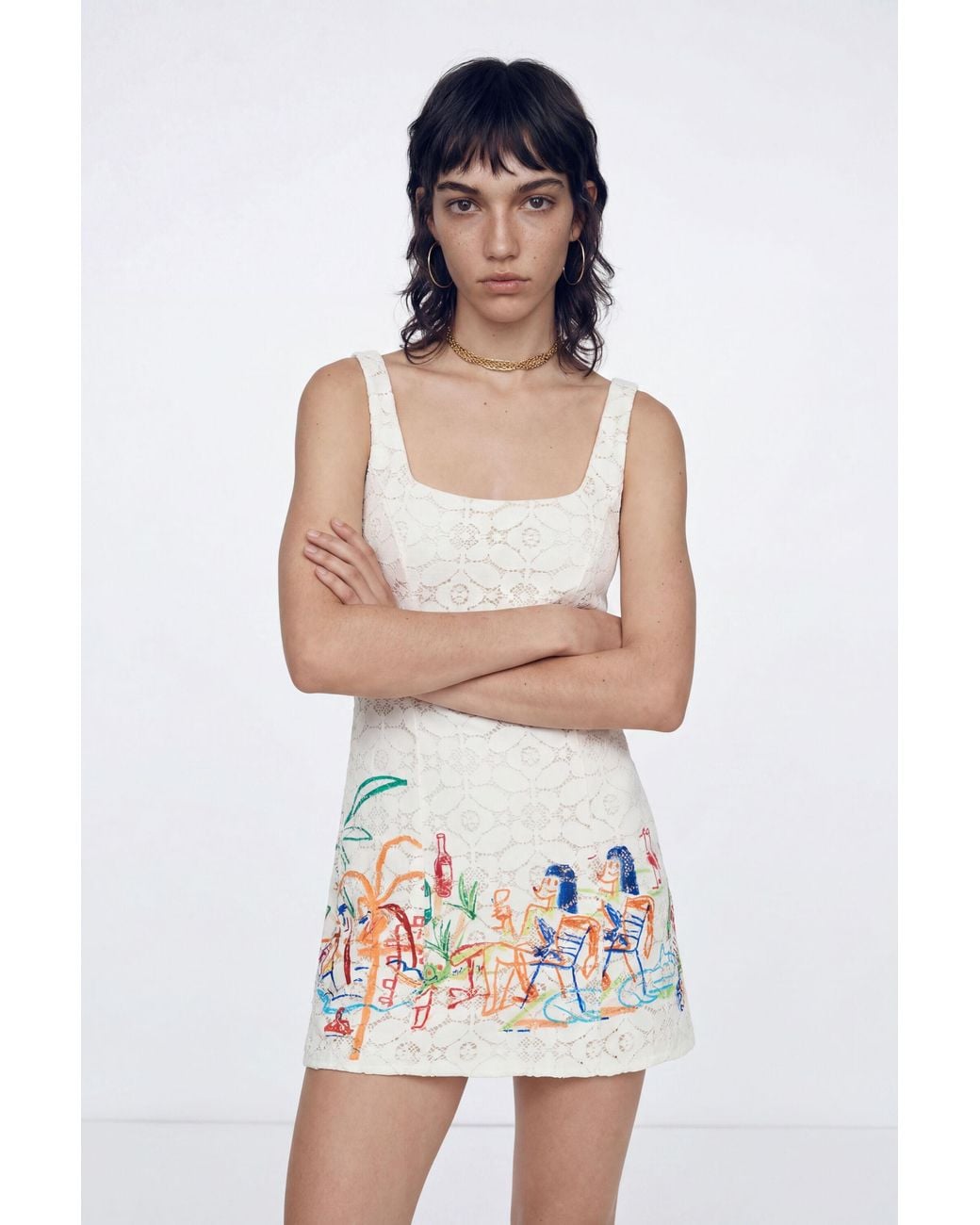 Desigual White Short Lace Illustration Dress, Polyester