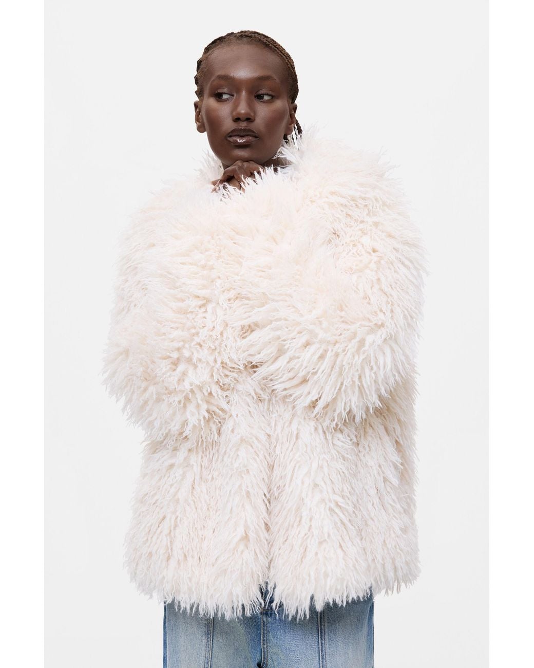 Desigual Natural Synthetic Fur Coat, Polyester