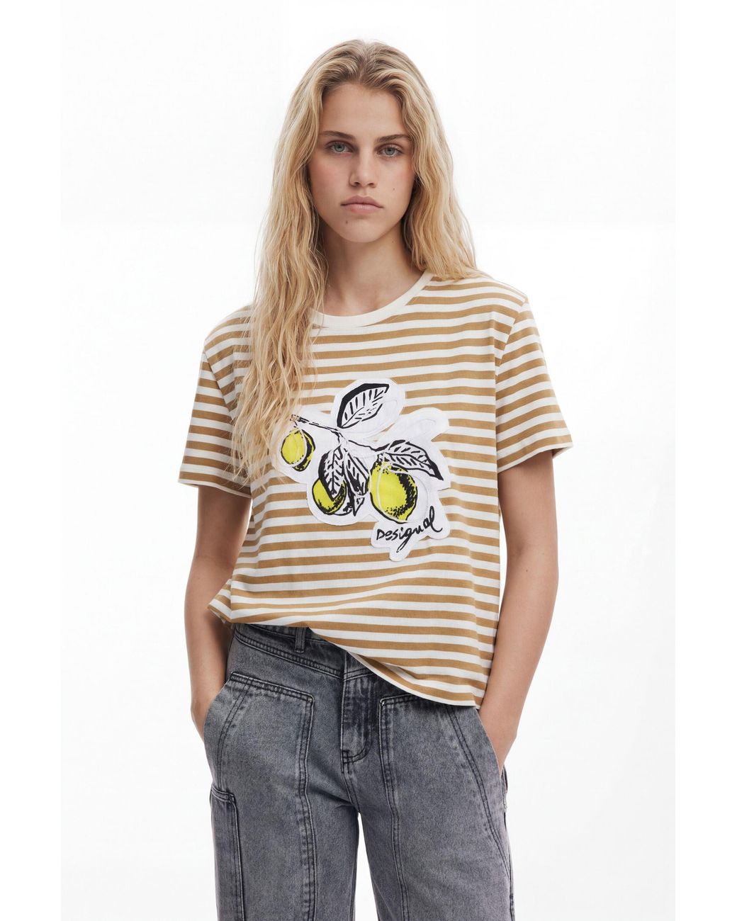 Desigual White Striped Print T-Shirt, Cotton