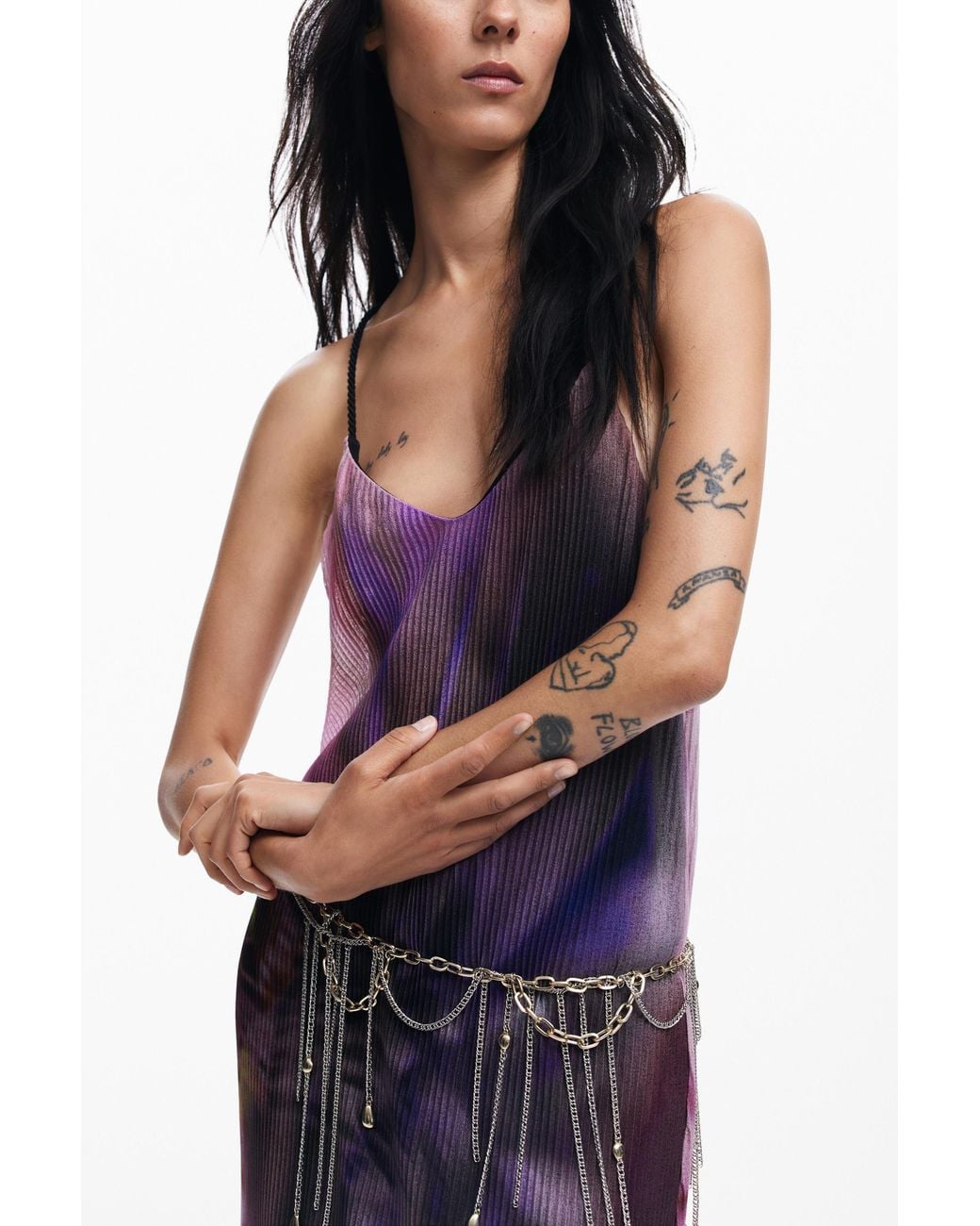 Desigual Purple Pleated Dress With Floral Print, Polyester