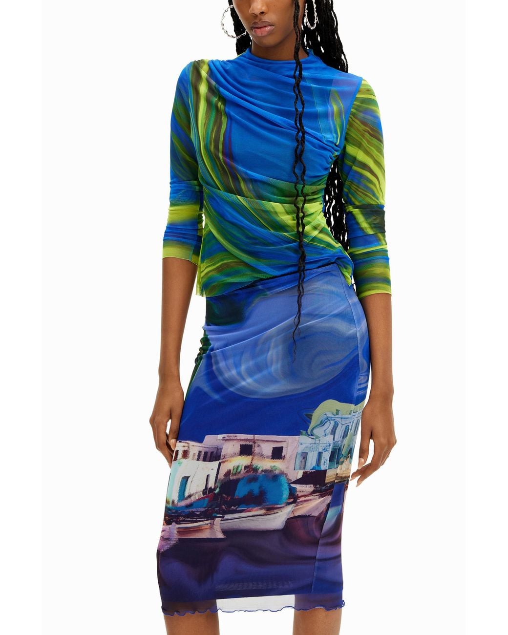 Desigual Blue M. Christian Lacroix Landscape Midi Skirt, Polyester