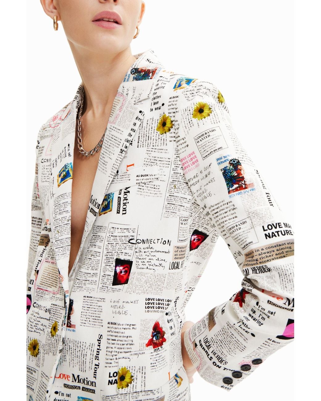 Desigual White Newspaper Blazer, Cotton
