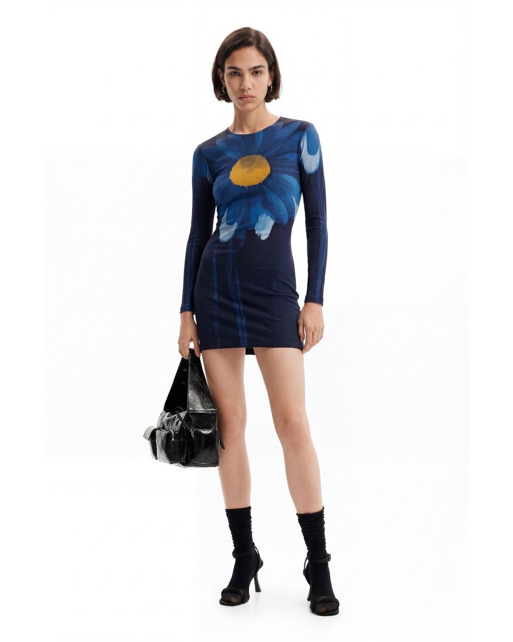 Desigual Blue Ribbed Daisy Mini Dress, Viscose