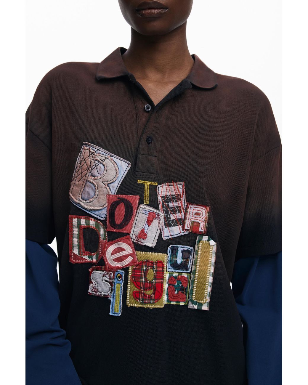 Desigual Blue Double-Sleeve Patch T-Shirt Botter, Cotton