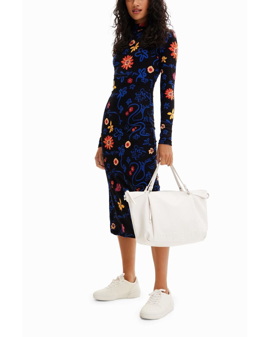 Desigual Blue Slim Floral Midi Dress, Viscose