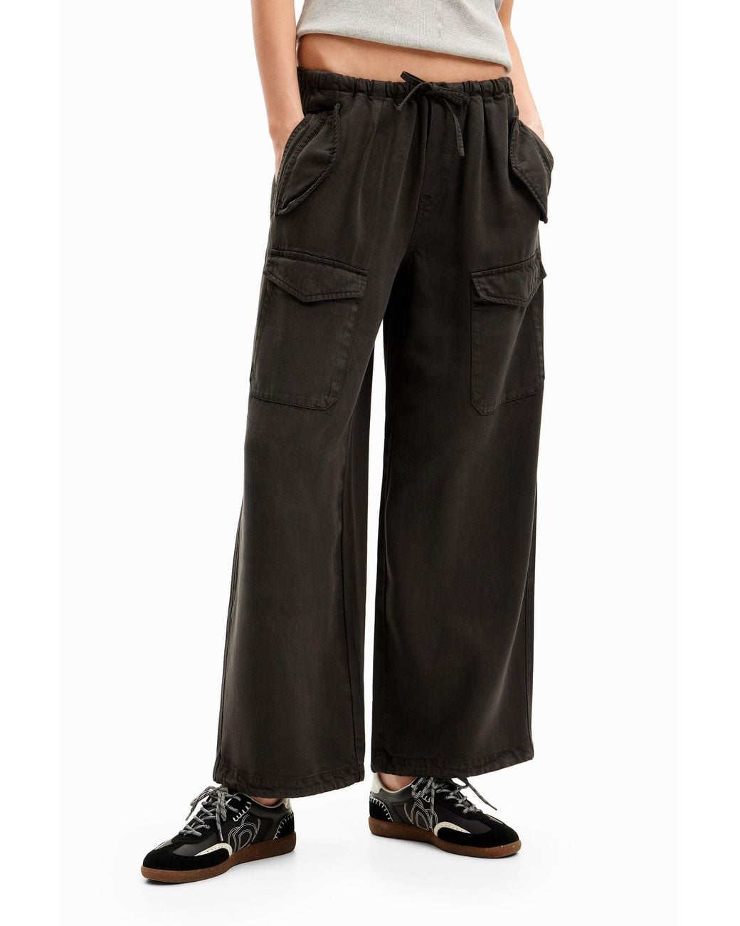 Desigual Black Wide-Leg Cargo Trousers, Lyocell