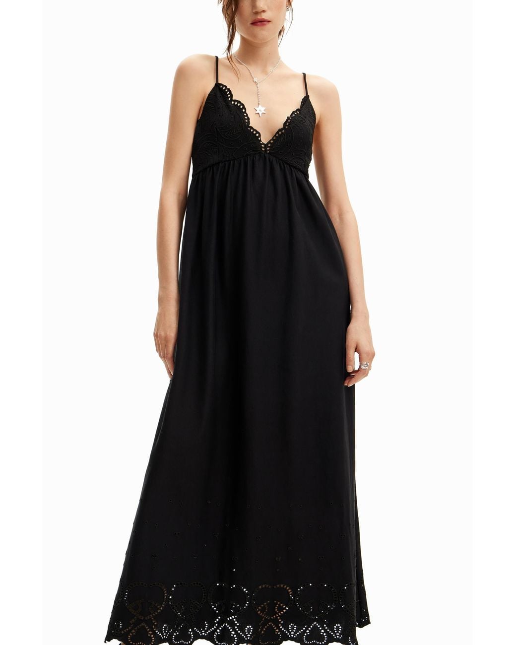Desigual Black Long Lace Dress, Cotton