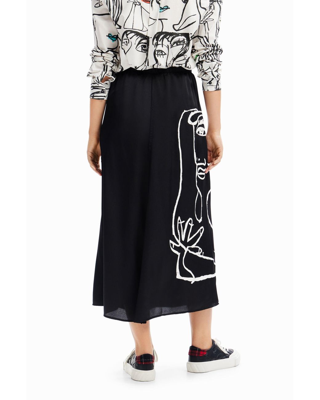 Desigual Black Arty Face Midi Skirt, Polyester