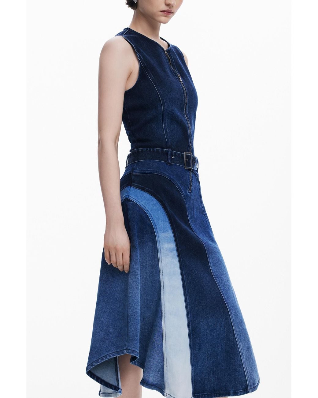 Desigual Blue Denim Midi Dress With Belt, Cotton