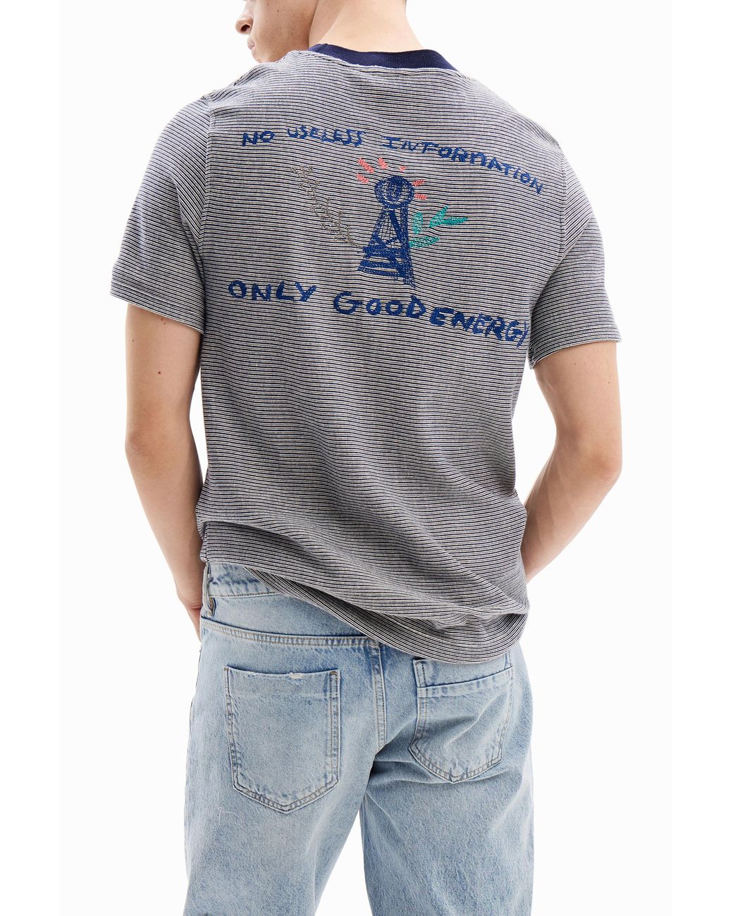 Desigual Gray Striped T-Shirt With Details for men