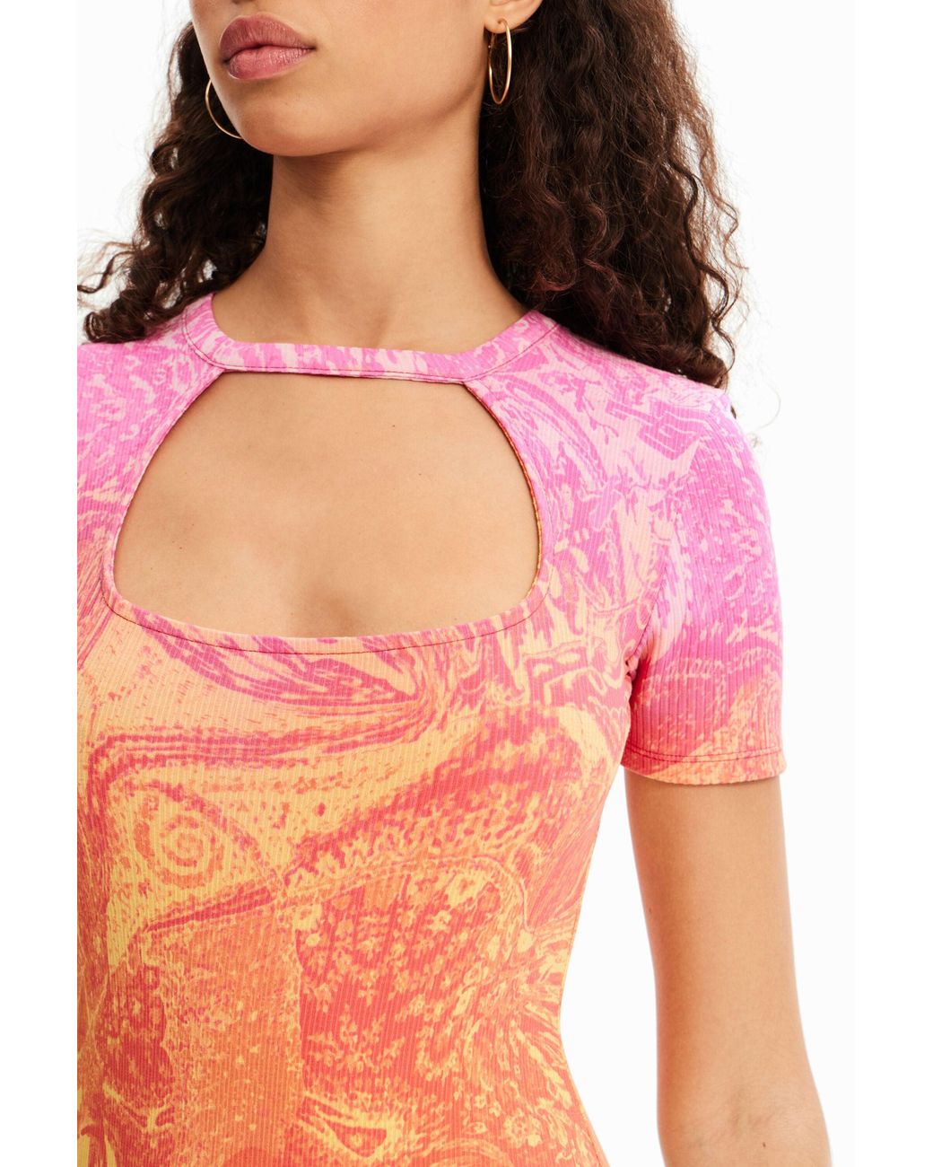 Desigual Pink M. Christian Lacroix Ribbed Cut-Out Bodysuit, Viscose
