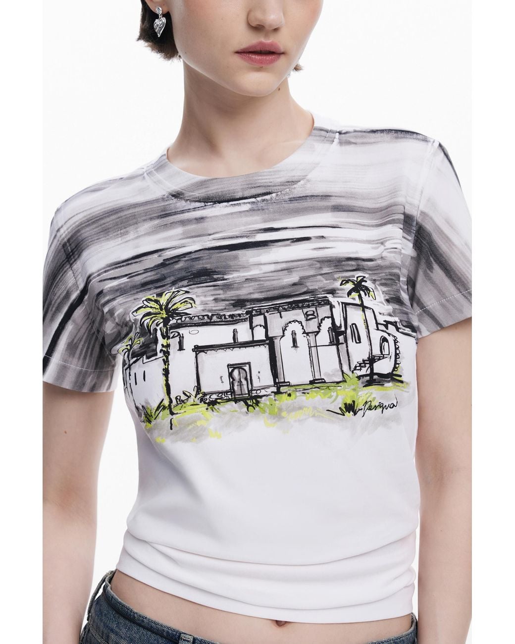 Desigual Blue Short-Sleeve Palm Tree T-Shirt, Cotton