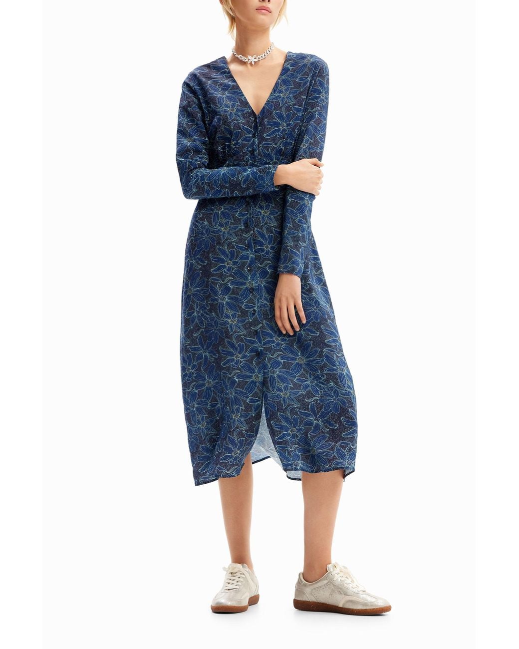 Desigual Blue Floral Midi Shirt Dress