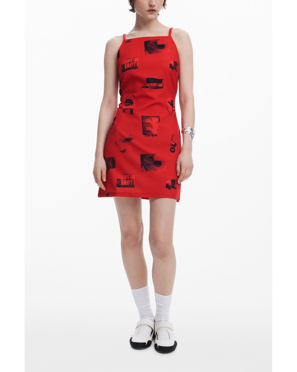 Desigual Red Postcard Short Dress, Polyester