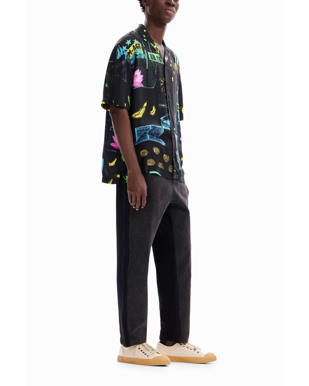 Desigual Black Collage Resort Shirt, Viscose for men