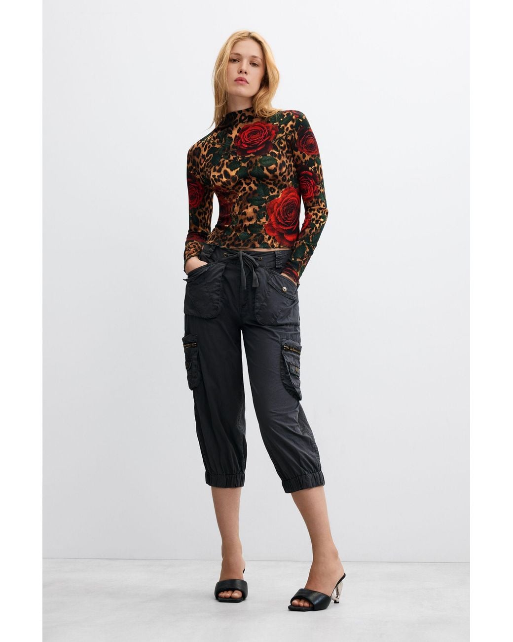 Desigual Black Ribbed T-Shirt Animal Print, Cotton