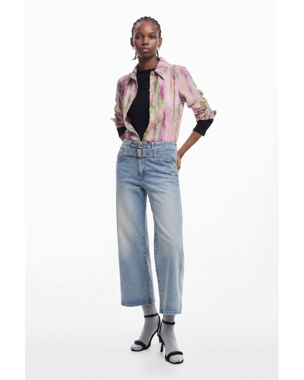 Desigual Blue Culotte Jeans With Belt, Cotton