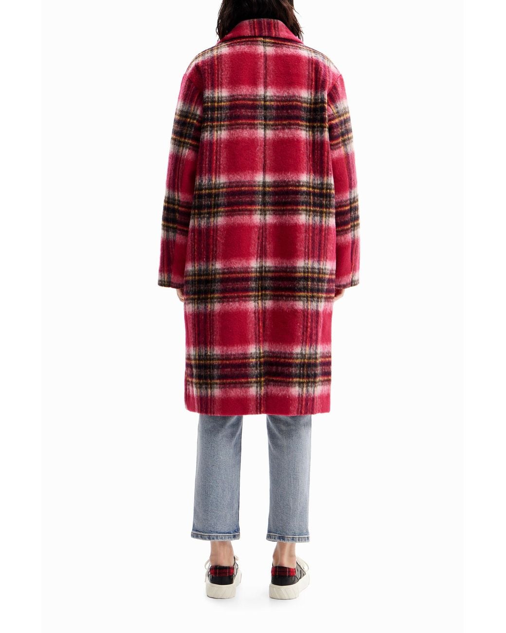 Desigual Red Plaid Wool Coat