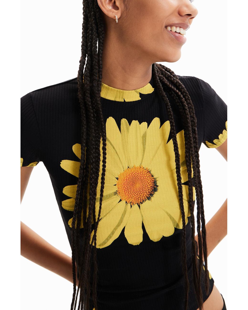 Desigual Black Ribbed Daisy T-Shirt, Viscose