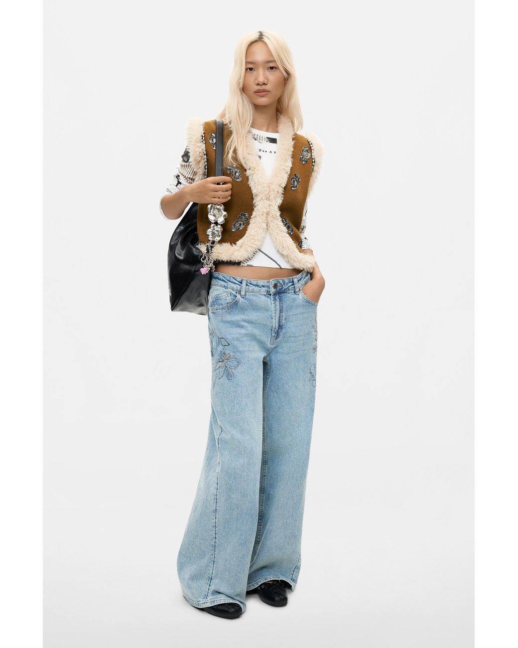 Desigual Blue Embroidered Fur Vest