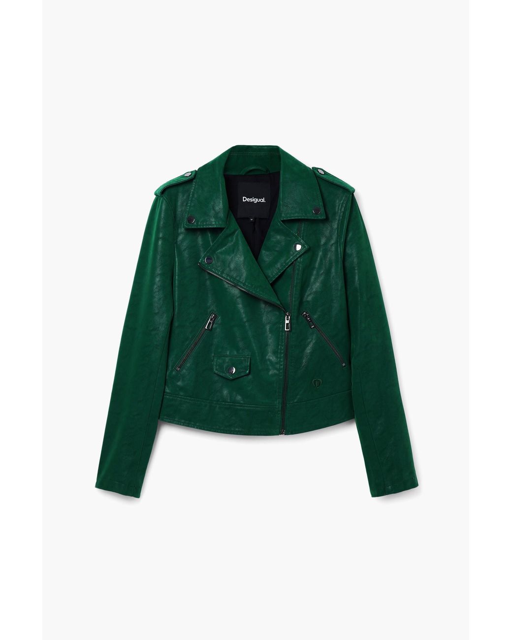 Desigual Green Textured Biker Jacket, Polyurethane