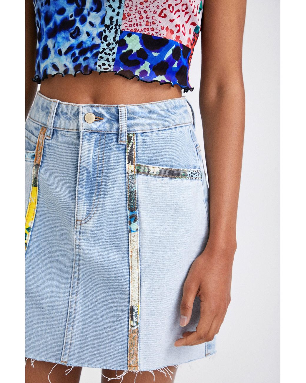 Desigual Blue Denim Patchwork Mini Skirt, Cotton