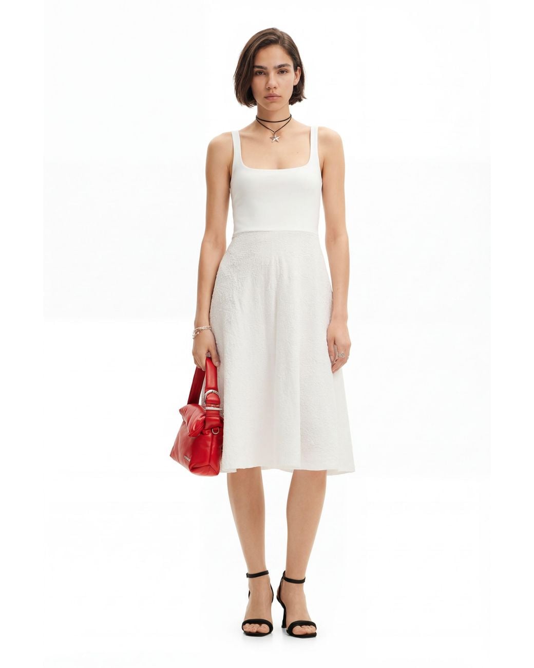 Desigual White A-Line Midi Dress, Cotton