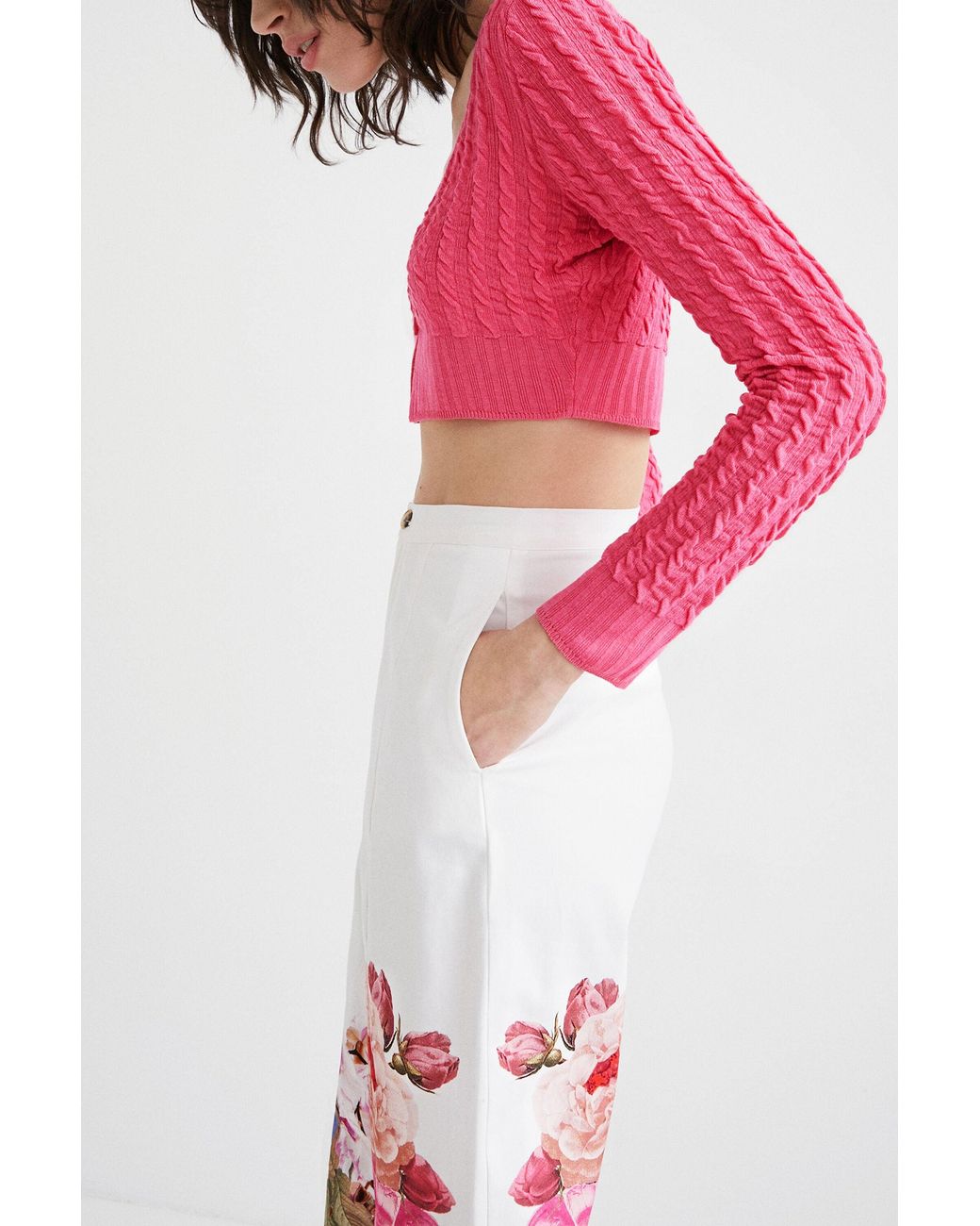 Desigual Pink Cropped Knit Cardigan, Viscose