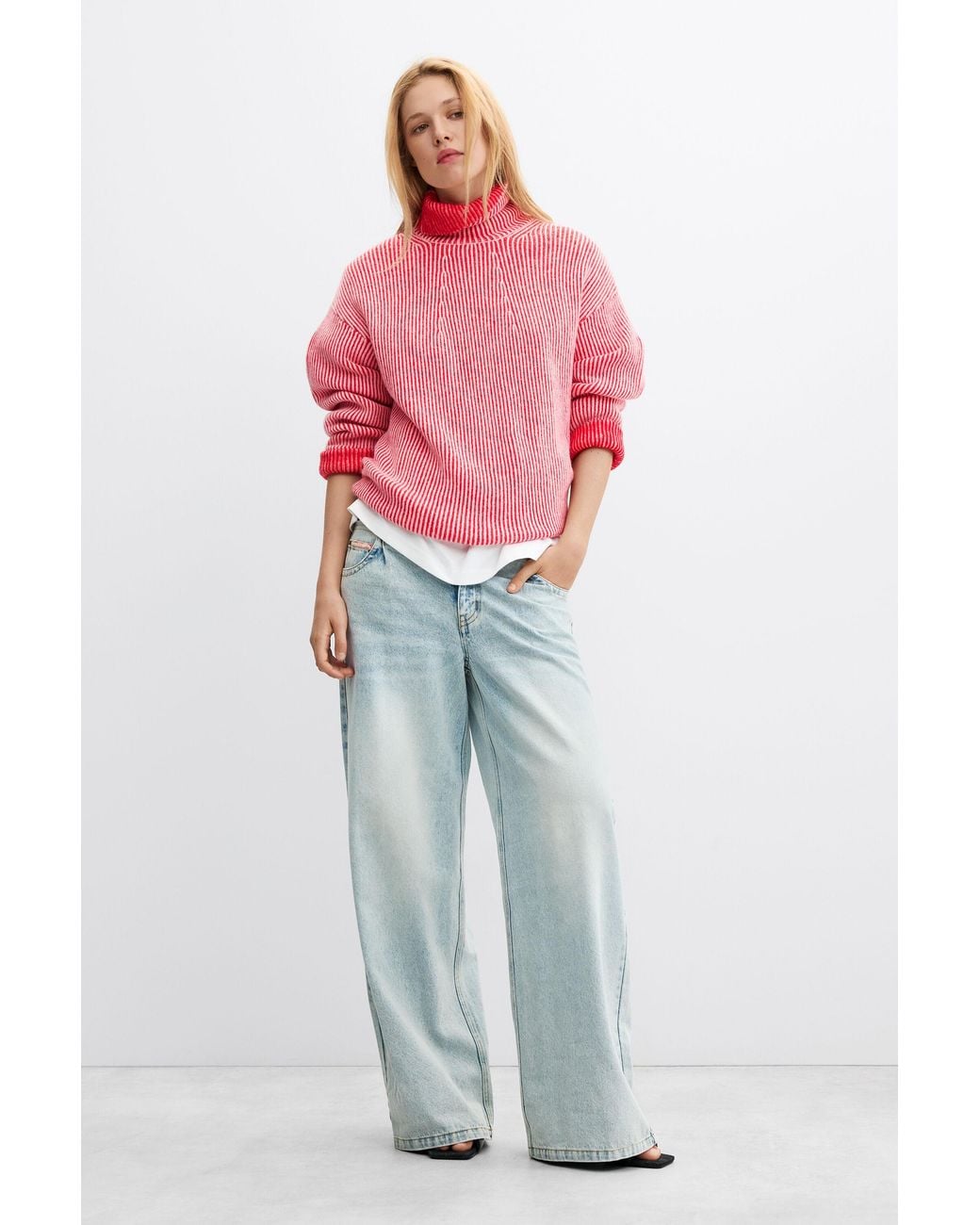 Desigual Red Ribbed Turtleneck Sweater