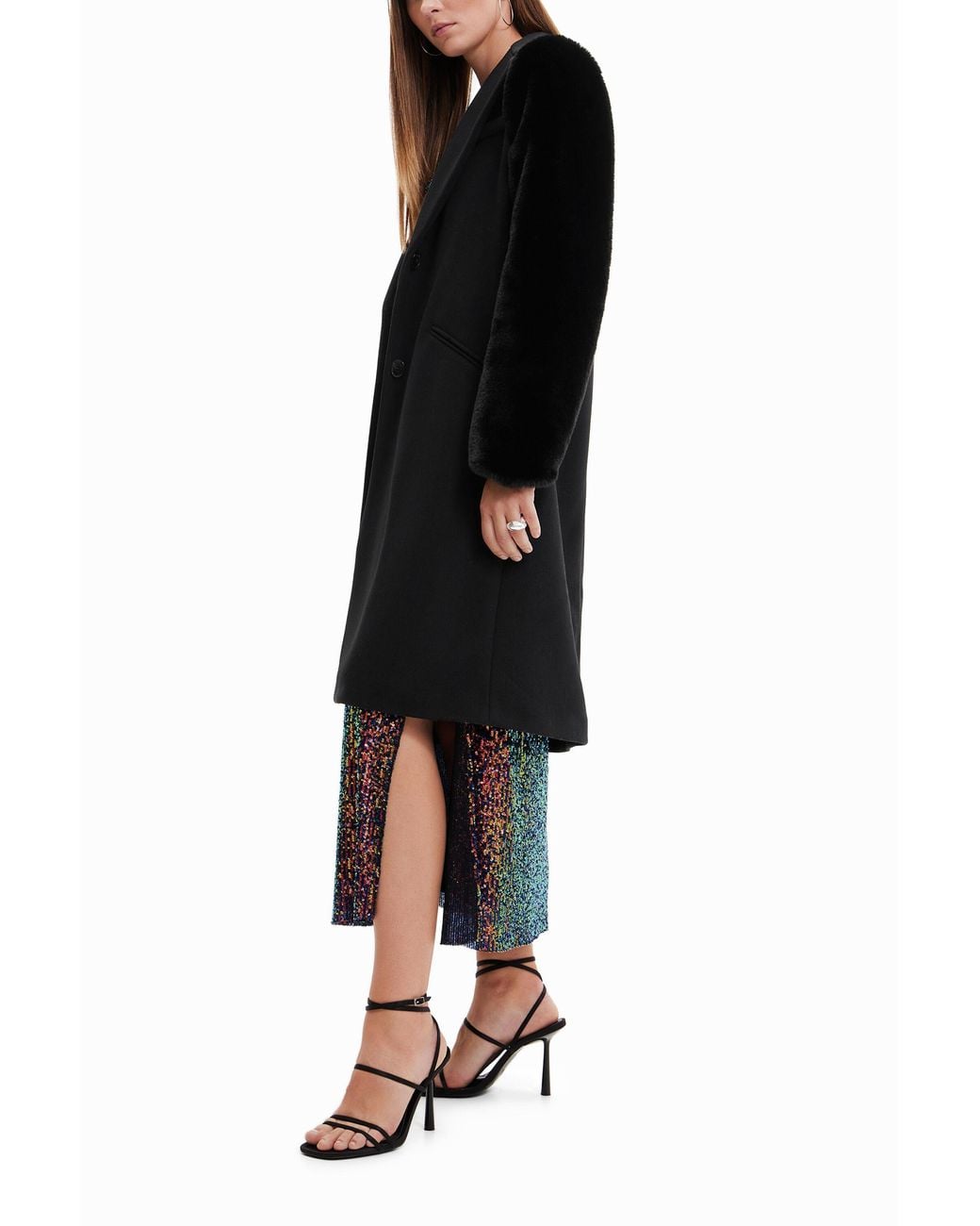 Desigual Black Wool Coat With Fur Effect