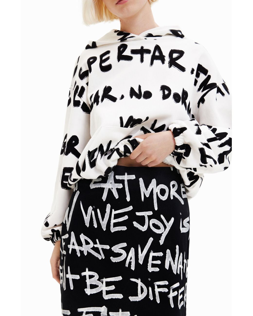Desigual Black Slim Mini Skirt With Text, Cotton