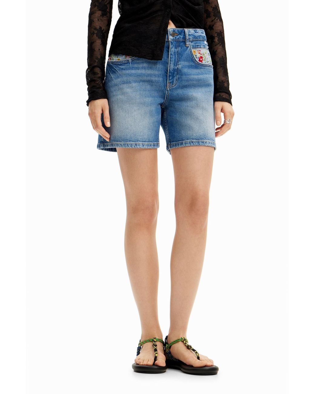 Desigual Blue Embroidered Denim Shorts, Cotton