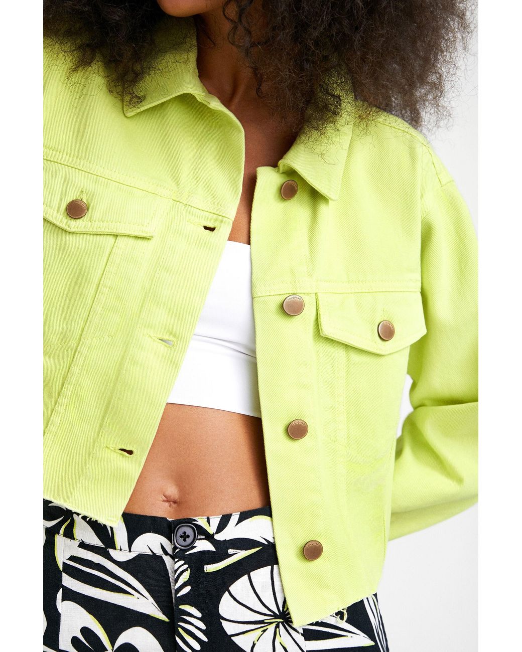 Desigual Yellow Straight Cropped Denim Jacket, Cotton