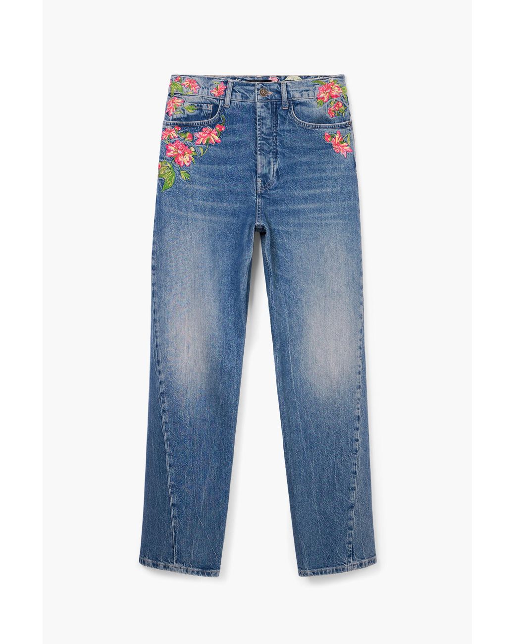 Desigual Blue Long Denim Pants With Flowers, Cotton