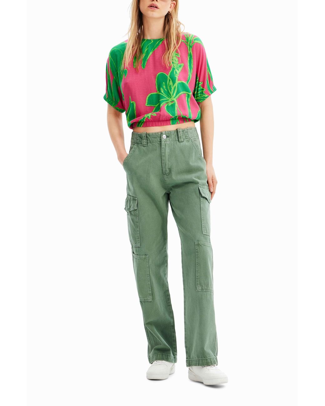 Desigual Red Short Tropical Puff-Sleeve Blouse, Viscose