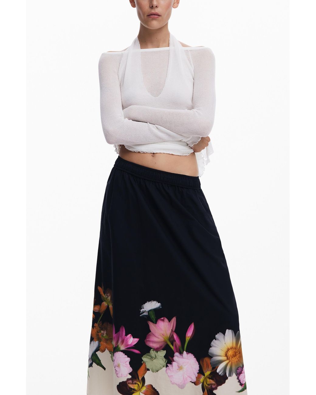Desigual White Floral Midi Skirt, Cotton